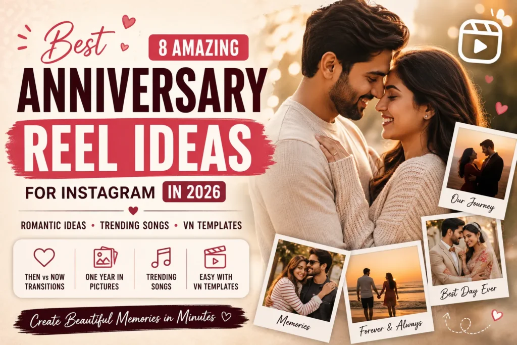 Best Anniversary Reel Ideas for Instagram in 2026 featuring romantic couple memories, anniversary videos, and VN Templates